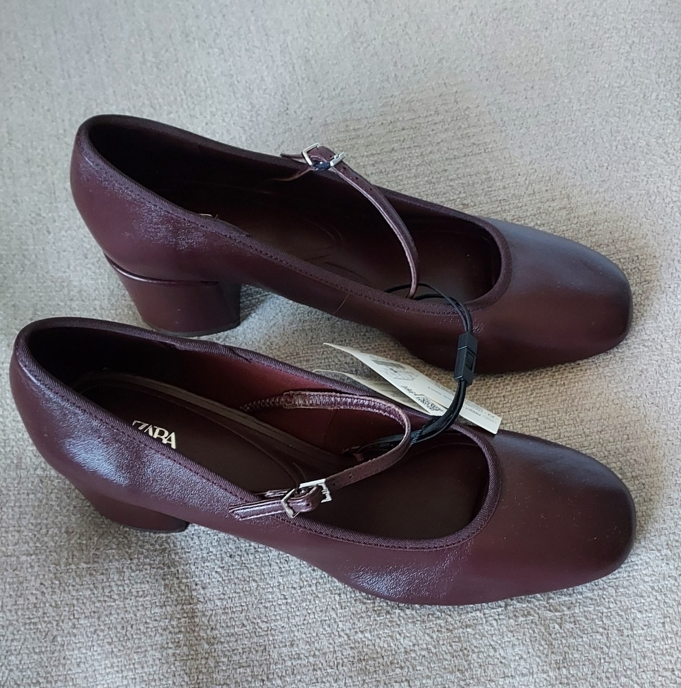 Zara Burgundy Mary Jane Block Heel Pumps - Picture 7 of 11